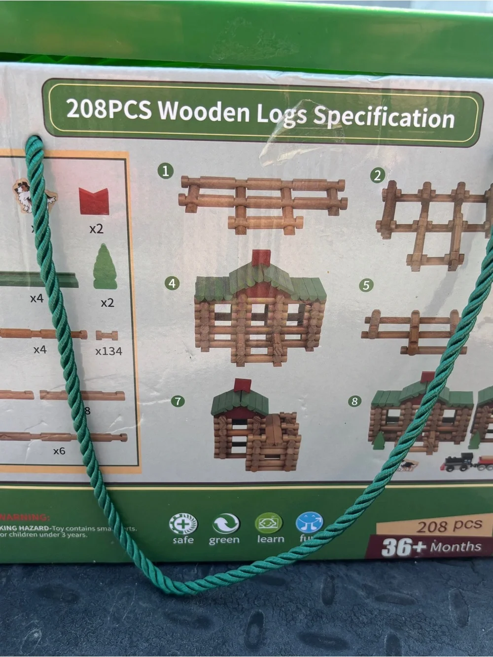 Wooden Logs 208-Piece Kids Building Set - Green & Brown